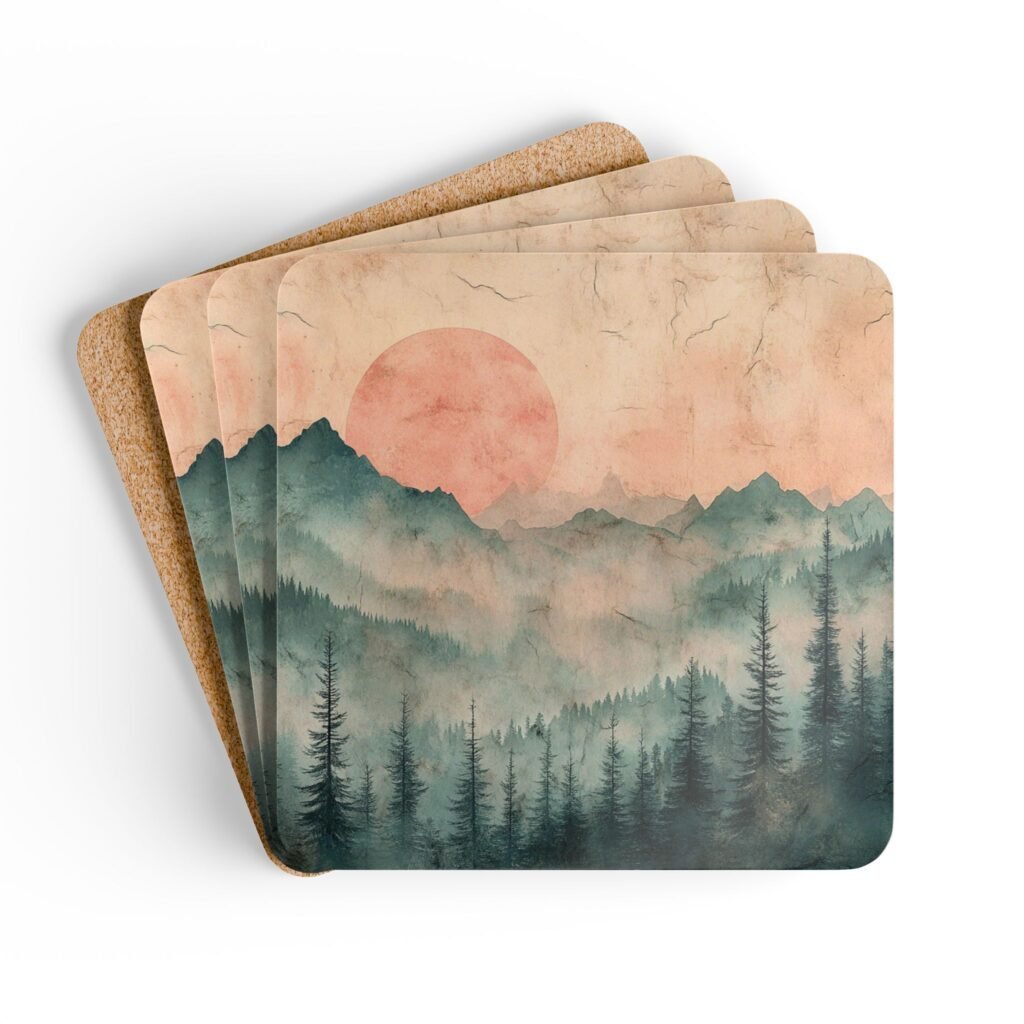 Coaster set featuring misty pines and a warm smokey sunset in soft tones.