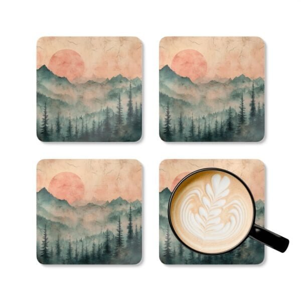 Coaster set featuring misty pines and a warm smokey sunset in soft tones.