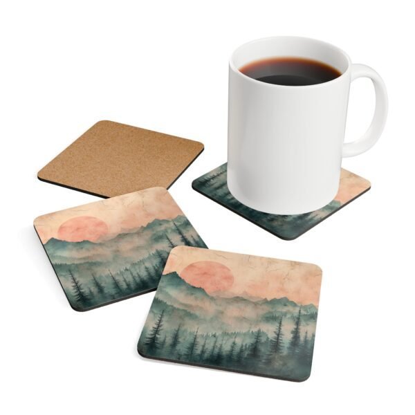 Coaster set featuring misty pines and a warm smokey sunset in soft tones.