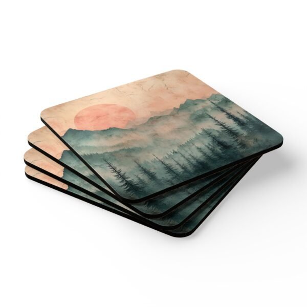 Coaster set featuring misty pines and a warm smokey sunset in soft tones.