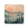 Coaster set featuring misty pines and a warm smokey sunset in soft tones.