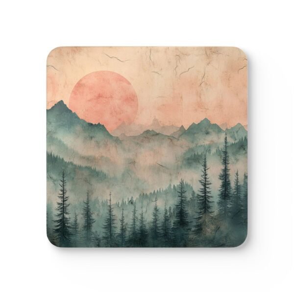 Coaster set featuring misty pines and a warm smokey sunset in soft tones.