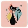 Retro mid‑century atomic cat coasters shown in four different colors.