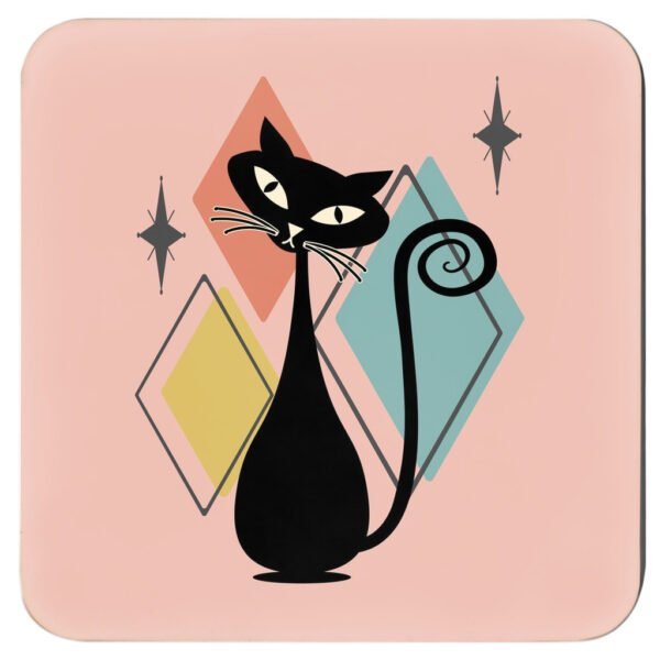Retro mid‑century atomic cat coasters shown in four different colors.