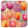 Square coaster featuring blended pink and orange watercolor tulip artwork.