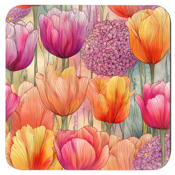 Square coaster featuring blended pink and orange watercolor tulip artwork.