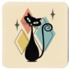 Retro mid‑century atomic cat coasters shown in four different colors.