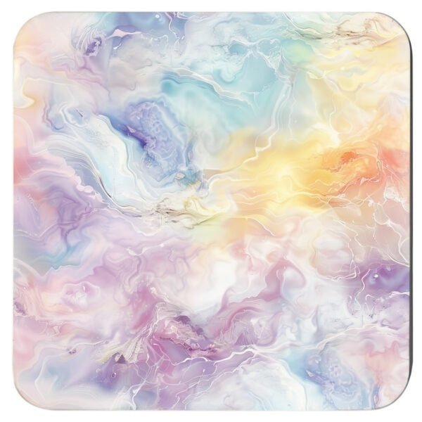 Square coaster with a pastel rainbow marble design.