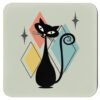 Retro mid‑century atomic cat coasters shown in four different colors.
