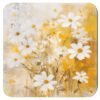 Square coaster with watercolor style image of white daisy flowers and yellow background color.