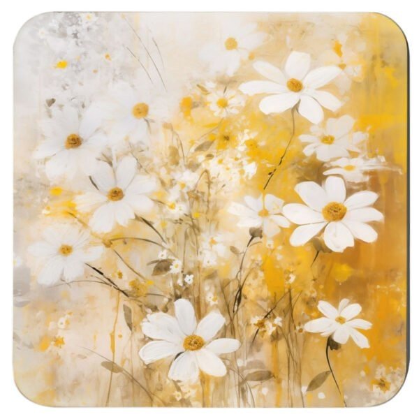 Square coaster with watercolor style image of white daisy flowers and yellow background color.