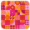 Stack of square cork‑backed coasters featuring a bold geometric pattern in pink, orange, and red tones. The design includes circles, triangles, and abstract shapes arranged in a retro grid style.
