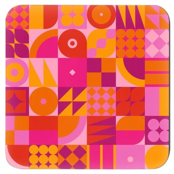 Stack of square cork‑backed coasters featuring a bold geometric pattern in pink, orange, and red tones. The design includes circles, triangles, and abstract shapes arranged in a retro grid style.