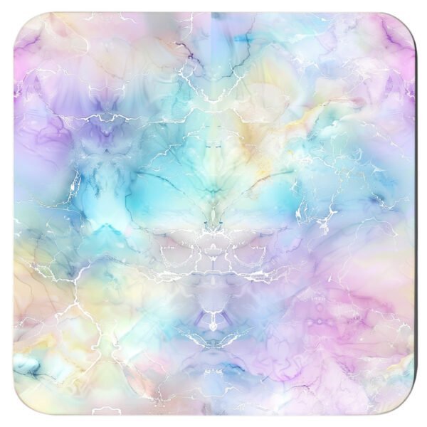 Square coaster with a pastel rainbow marble design.