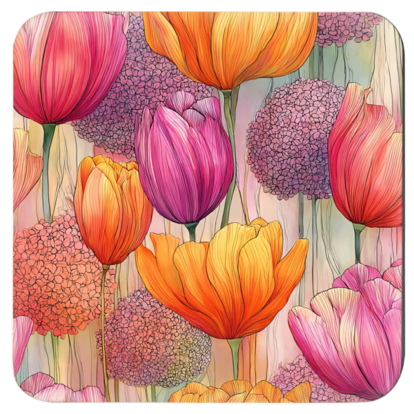 Square coaster featuring blended pink and orange watercolor tulip artwork.