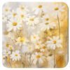 Square coaster with watercolor style image of white daisy flowers and yellow background color.