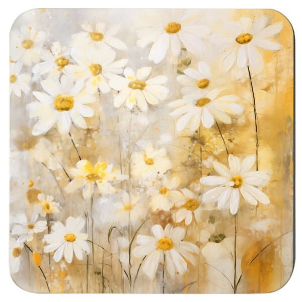 Square coaster with watercolor style image of white daisy flowers and yellow background color.
