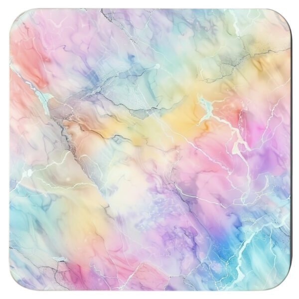 Square coaster with a pastel rainbow marble design.