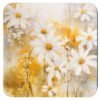 Square coaster with watercolor style image of white daisy flowers and yellow background color.
