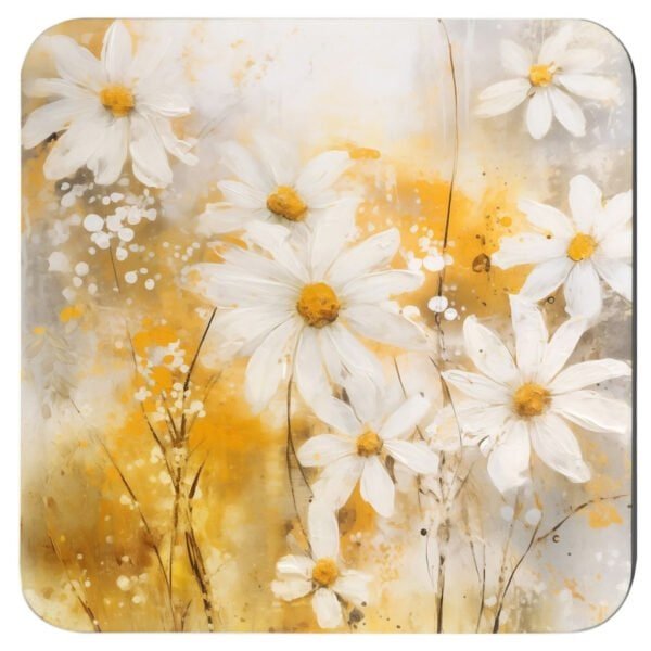 Square coaster with watercolor style image of white daisy flowers and yellow background color.