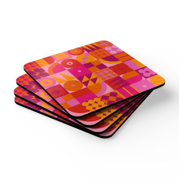 Stack of square cork‑backed coasters featuring a bold geometric pattern in pink, orange, and red tones. The design includes circles, triangles, and abstract shapes arranged in a retro grid style.