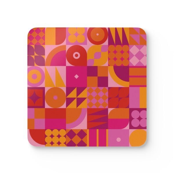 Stack of square cork‑backed coasters featuring a bold geometric pattern in pink, orange, and red tones. The design includes circles, triangles, and abstract shapes arranged in a retro grid style.