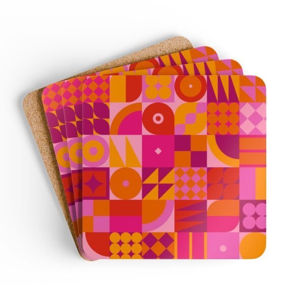 Stack of square cork‑backed coasters featuring a bold geometric pattern in pink, orange, and red tones. The design includes circles, triangles, and abstract shapes arranged in a retro grid style.