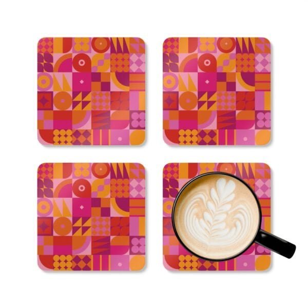 Stack of square cork‑backed coasters featuring a bold geometric pattern in pink, orange, and red tones. The design includes circles, triangles, and abstract shapes arranged in a retro grid style.