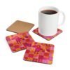 Stack of square cork‑backed coasters featuring a bold geometric pattern in pink, orange, and red tones. The design includes circles, triangles, and abstract shapes arranged in a retro grid style.