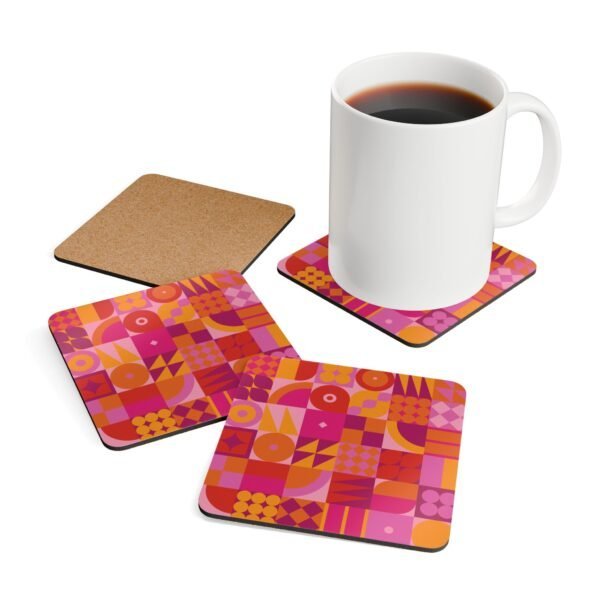 Stack of square cork‑backed coasters featuring a bold geometric pattern in pink, orange, and red tones. The design includes circles, triangles, and abstract shapes arranged in a retro grid style.