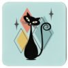 Retro mid‑century atomic cat coasters shown in four different colors.