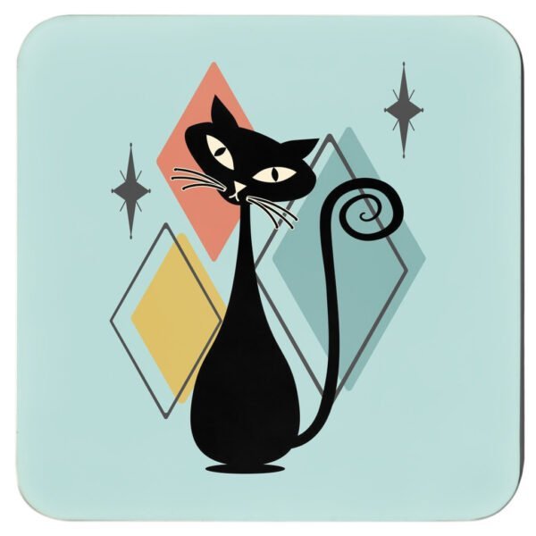 Retro mid‑century atomic cat coasters shown in four different colors.