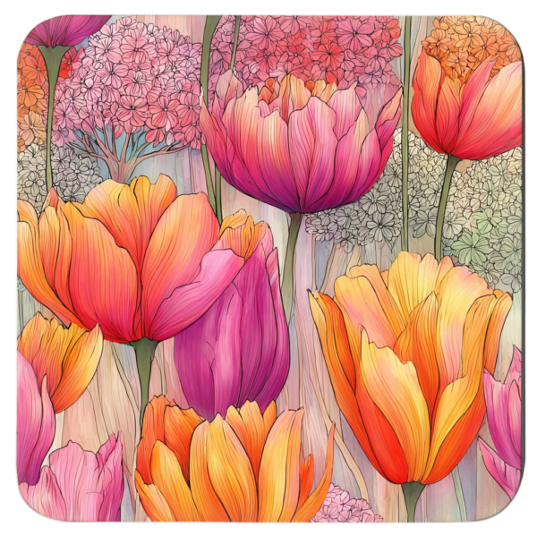 Square coaster featuring blended pink and orange watercolor tulip artwork.
