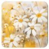 Square coaster with watercolor style image of white daisy flowers and yellow background color.