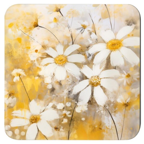 Square coaster with watercolor style image of white daisy flowers and yellow background color.