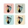 Retro mid‑century atomic cat coasters shown in four different colors.