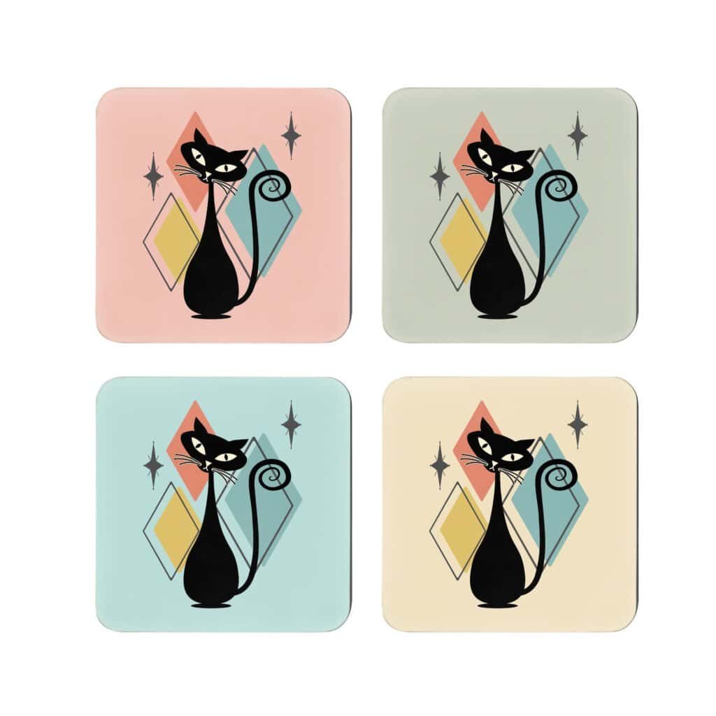 Retro mid‑century atomic cat coasters shown in four different colors.