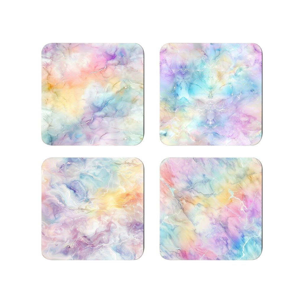 Set of four square coasters with coordinating pastel rainbow marble designs.