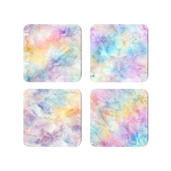 Set of four square coasters with coordinating pastel rainbow marble designs.
