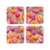 Set of four coordinating watercolor coasters featuring pink and orange tulip artwork.
