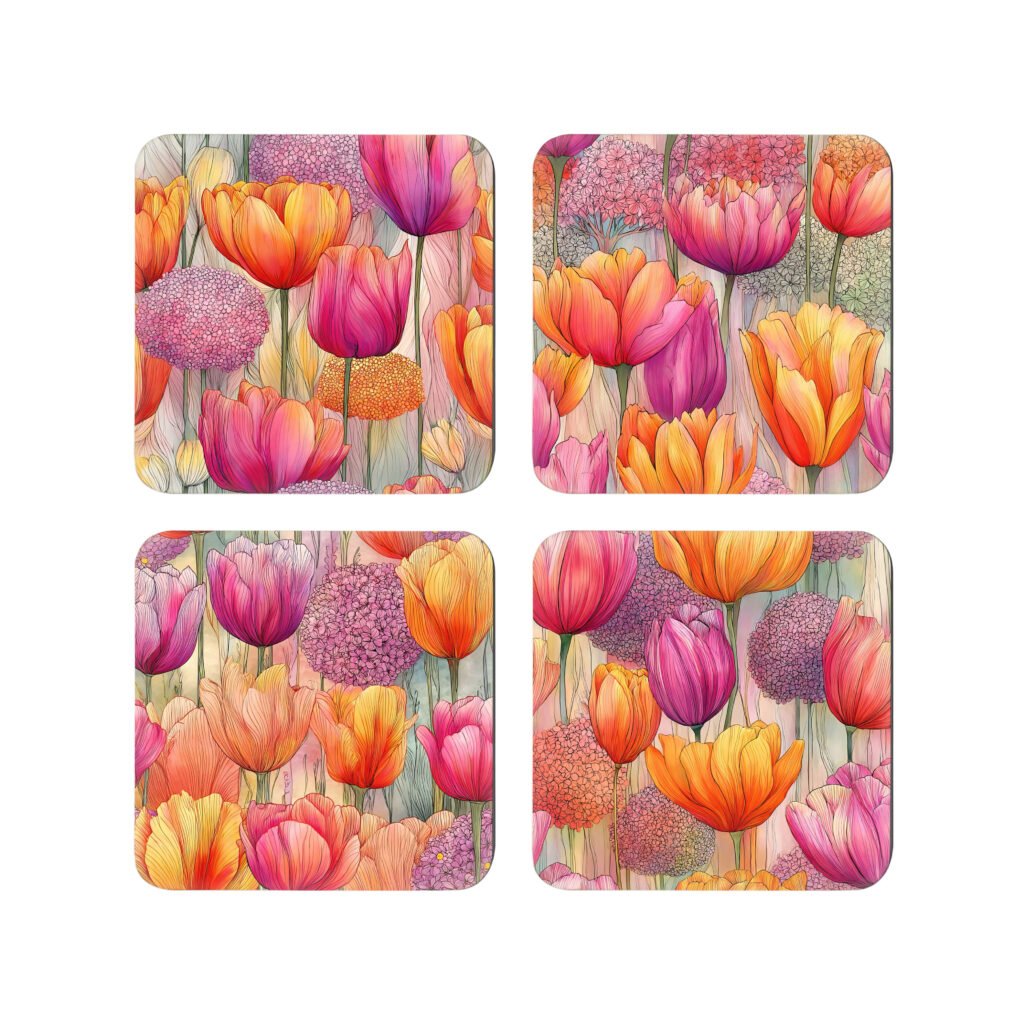 Set of four coordinating watercolor coasters featuring pink and orange tulip artwork.