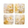 Set of 4 coordinating square coaster with watercolor style images of white daisy flowers and yellow background color. Each coaster has slightly different image.