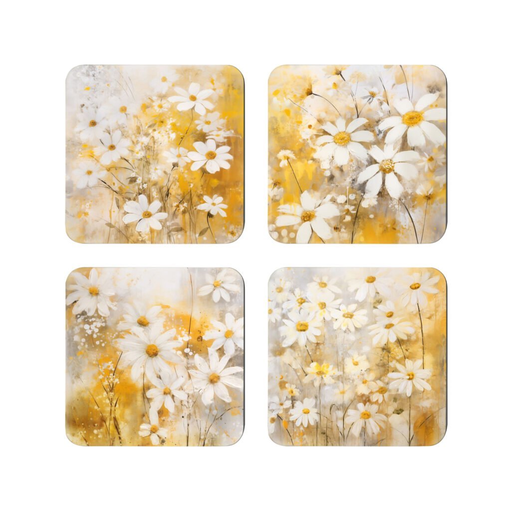 Set of 4 coordinating square coaster with watercolor style images of white daisy flowers and yellow background color. Each coaster has slightly different image.