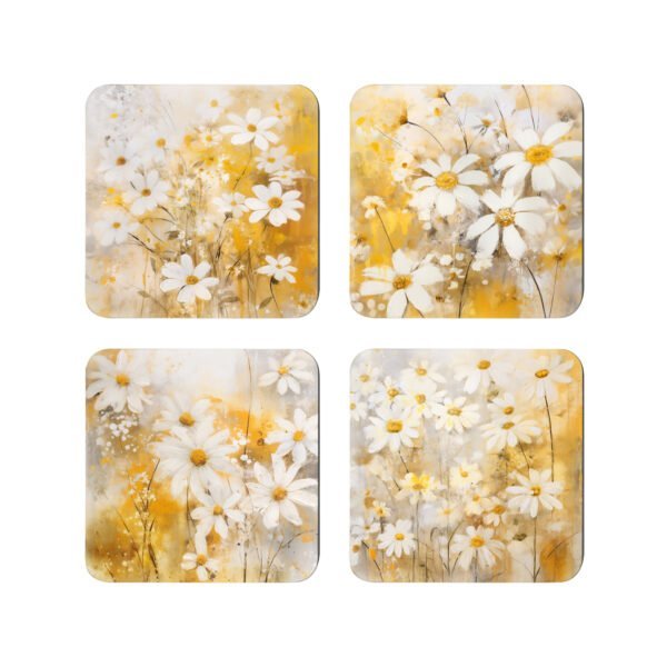 Set of 4 coordinating square coaster with watercolor style images of white daisy flowers and yellow background color. Each coaster has slightly different image.