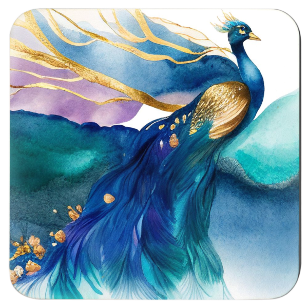 Square coaster with an image of a peacock in watercolor style featuring shades of blue, purple, green and gold.