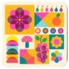 Square retro risograph coaster featuring bold geometric florals in bright pink, orange, blue, and yellow tones.