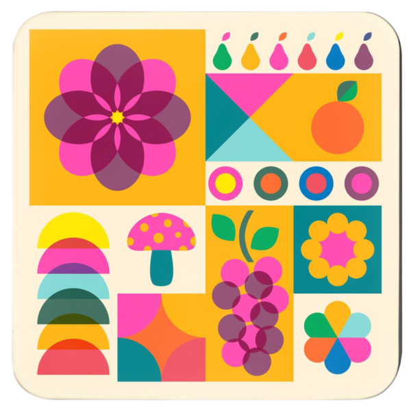 Square retro risograph coaster featuring bold geometric florals in bright pink, orange, blue, and yellow tones.