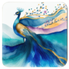 Square coaster with an image of a peacock in watercolor style featuring shades of blue, purple, green and gold.