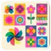 Square retro risograph coaster featuring bold geometric florals in bright pink, orange, blue, and yellow tones.