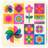Square retro risograph coaster featuring bold geometric florals in bright pink, orange, blue, and yellow tones.